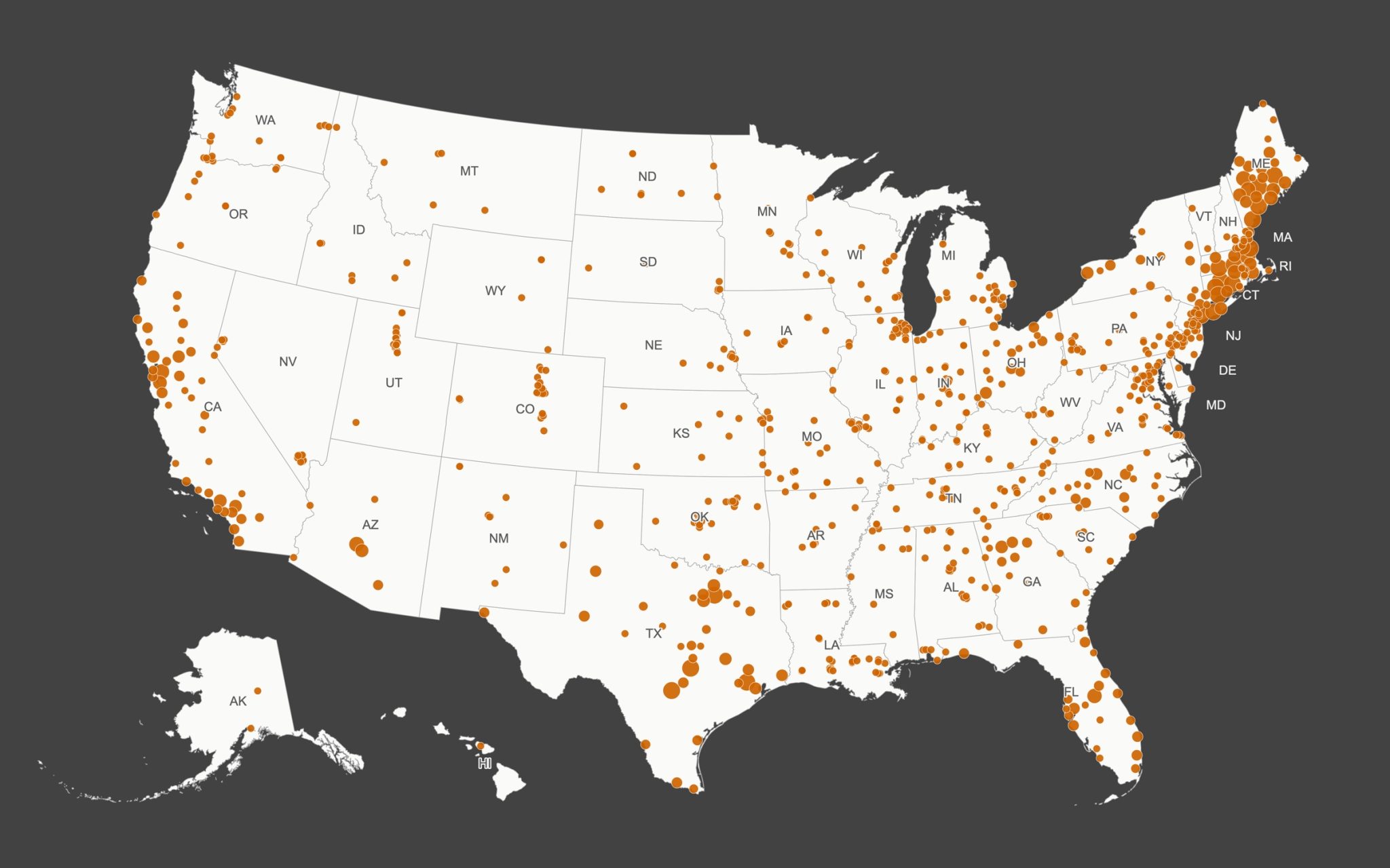 Map of Bar Partners locations across the United States